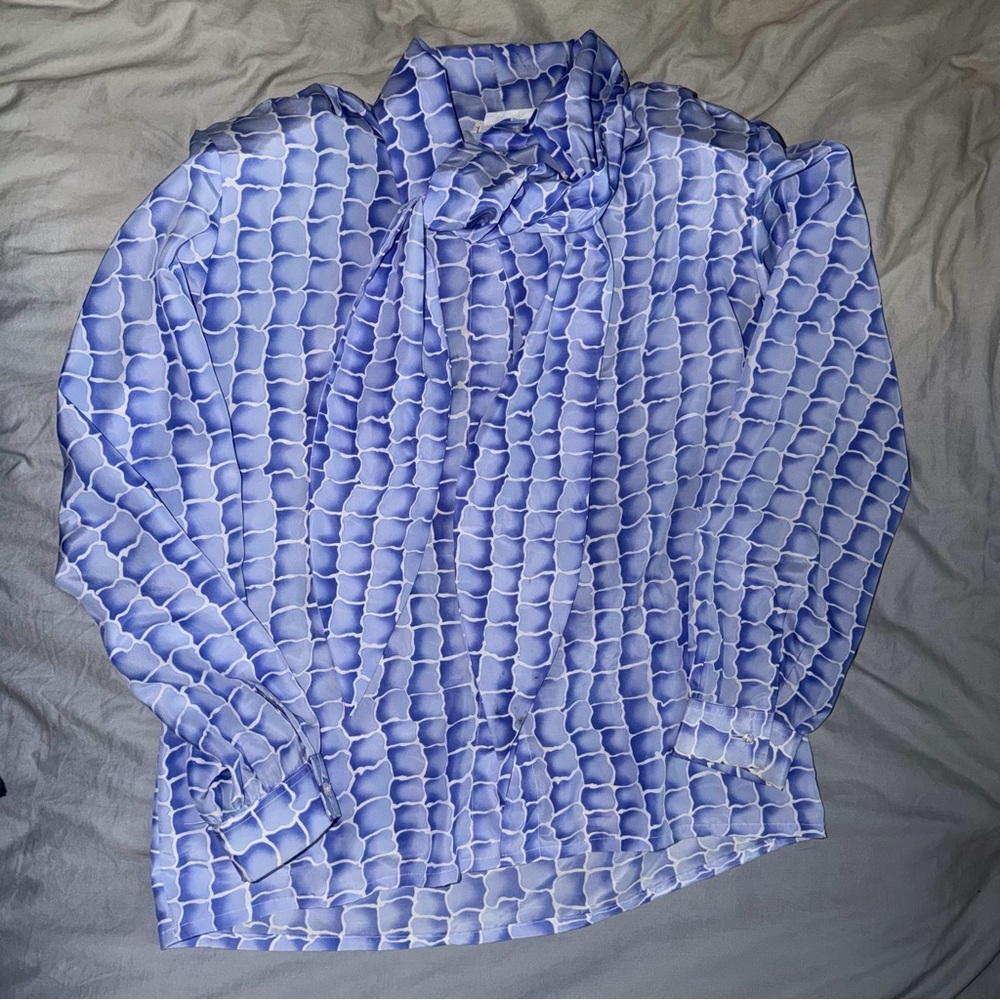 VTG Matson necktie Bow Blouse Blue Geometric Scale XL Gathered Puff Shoulder USA